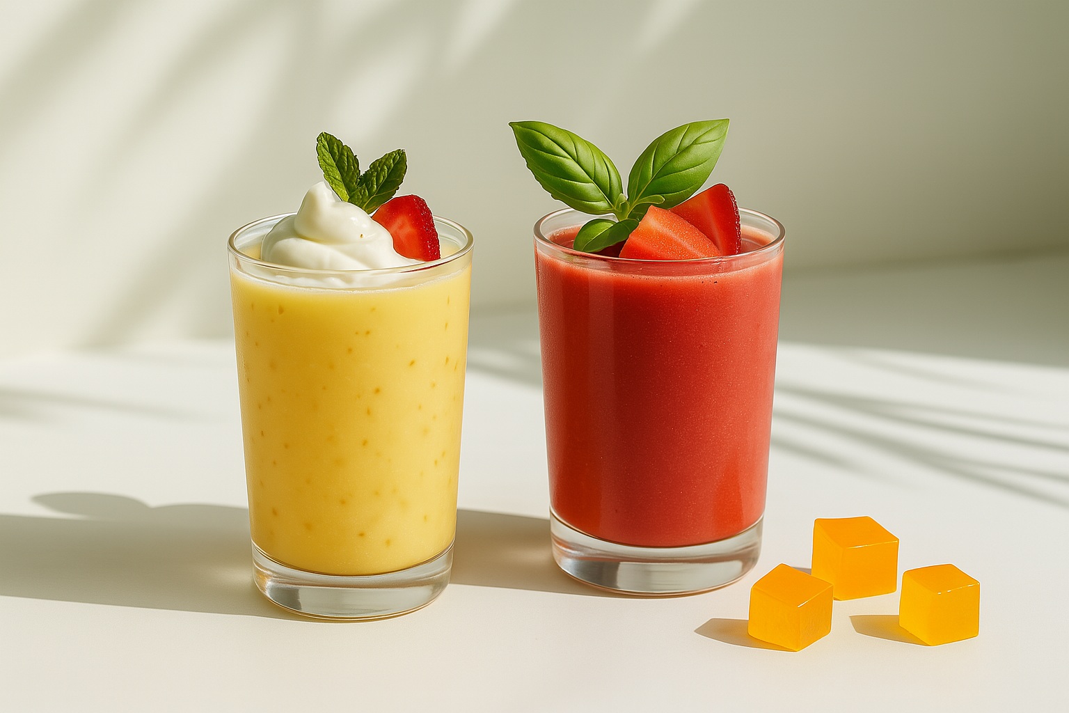 Two vibrant smoothies—one passionfruit with whipped cream and mint, the other strawberry with basil and fruit slices—served in clear glasses, accompanied by glossy orange jelly cubes on a sunlit white surface.