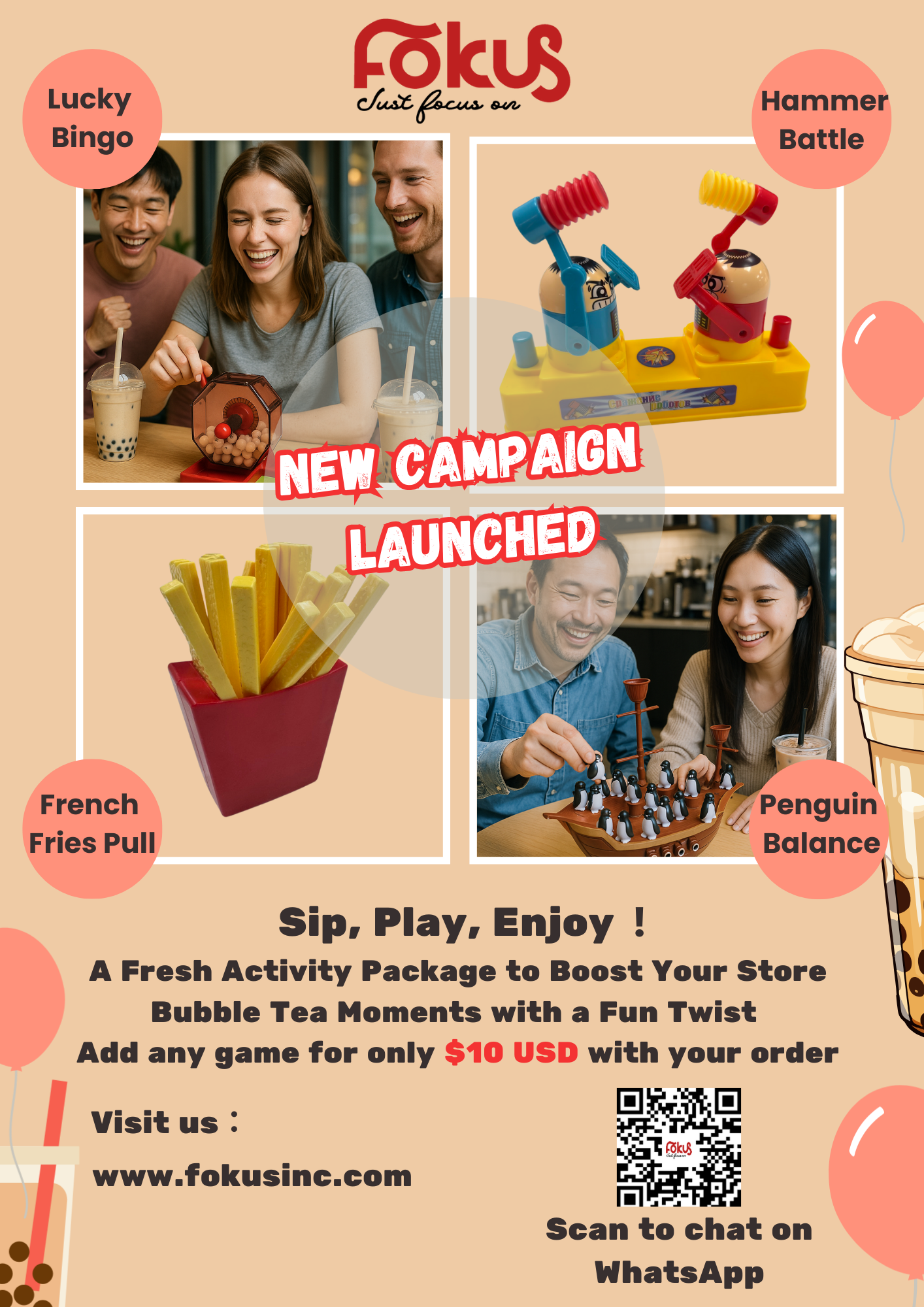 Promotional poster showing interactive games for bubble tea shops, including Lucky Bingo, Penguin Balance, French Fries Pull, and Hammer Battle.