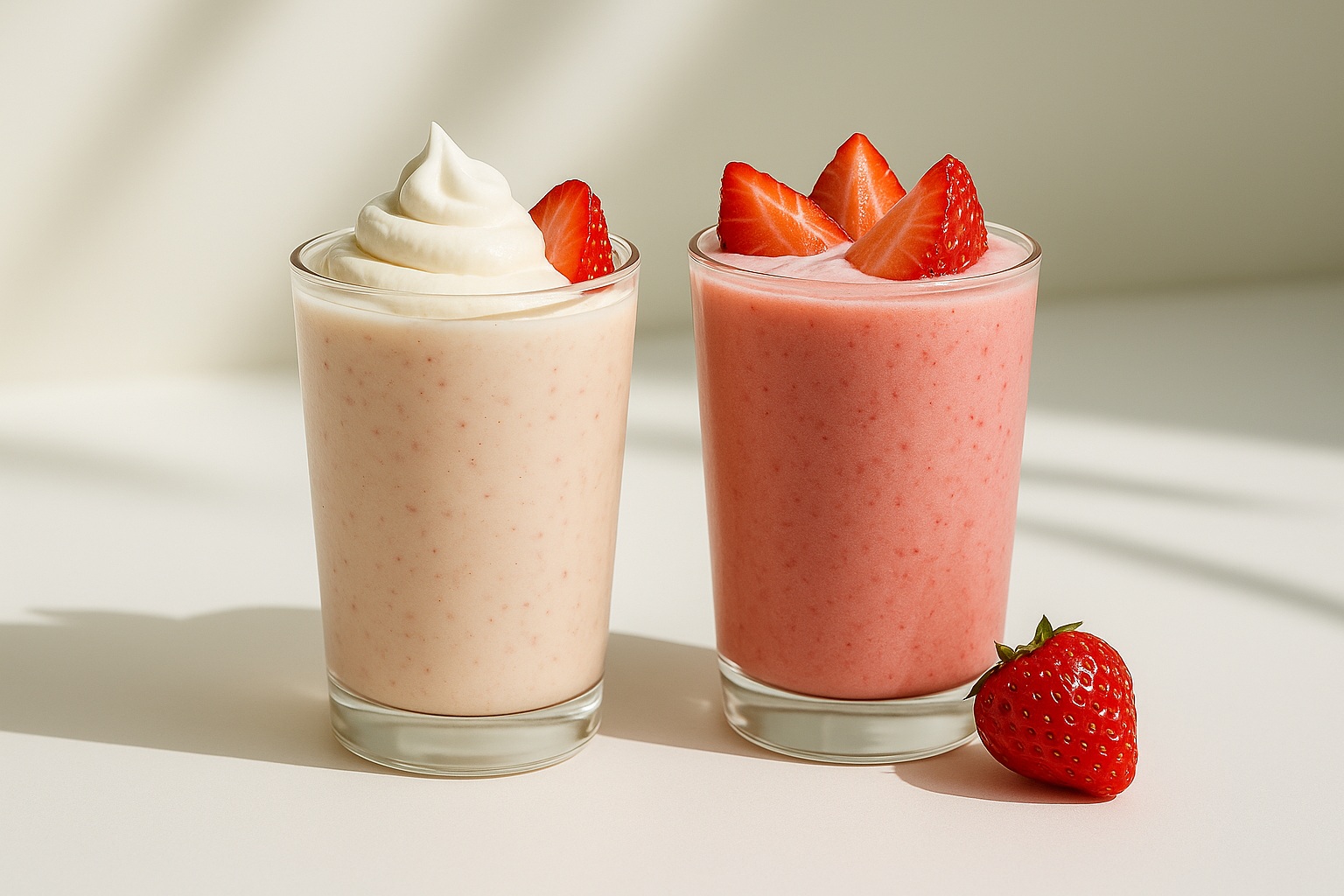 Two dessert drinks made with cake milk powder, featuring creamy textures and strawberry garnishes in clear glasses.