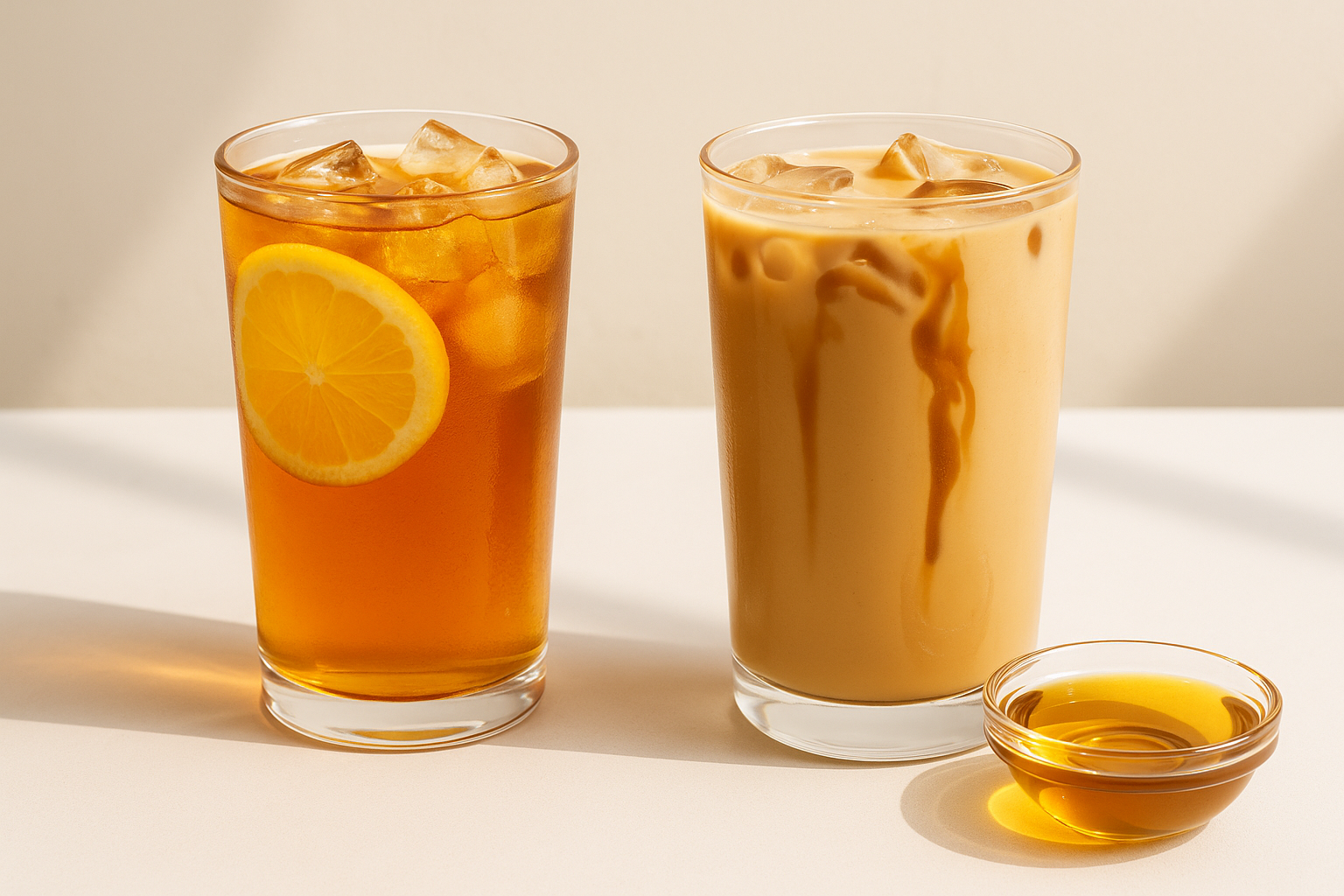 Two drinks made with cane sugar syrup—one iced milk tea and one lemon iced tea—served in clear glasses on a white surface with natural light.