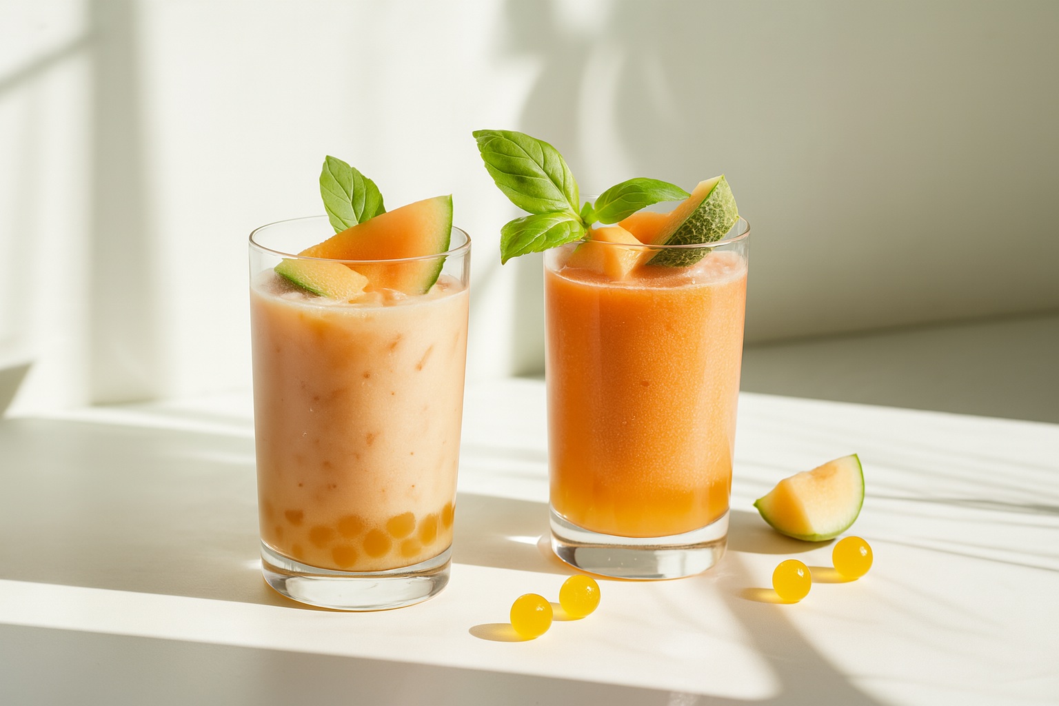 Two cantaloupe-flavored drinks in clear glasses featuring cantaloupe popping boba, garnished with melon slices and fresh herbs on a sunlit surface.