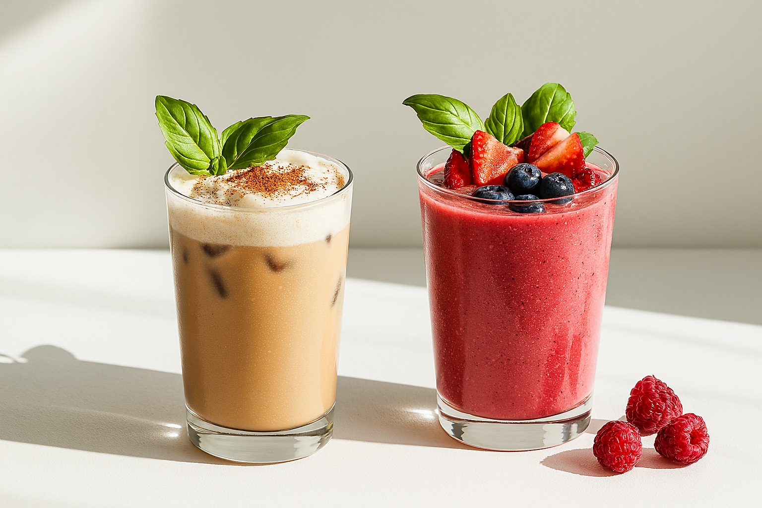 Two creamy cappuccino-flavored beverages in clear glasses, served on a bright surface with a smooth, foamy top – made using cappuccino flavored powder. 詢問 ChatGPT