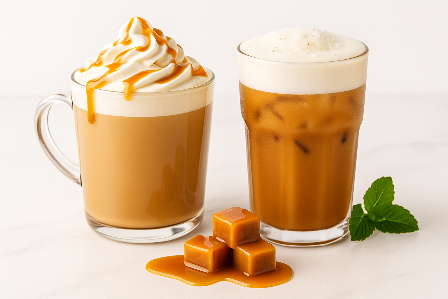 Two caramel-based drinks—one a creamy caramel latte topped with whipped cream and drizzle, the other an iced caramel milk tea with sea salt foam—served in clear glasses on a white background.