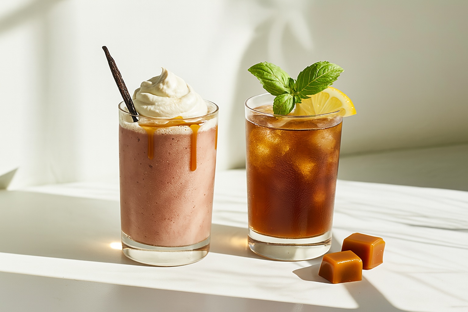 Two caramel drinks in clear glasses—one a caramel smoothie topped with whipped cream and vanilla, the other an iced caramel milk tea with lemon and mint—set on a white surface with caramel cubes nearby in natural sunlight.