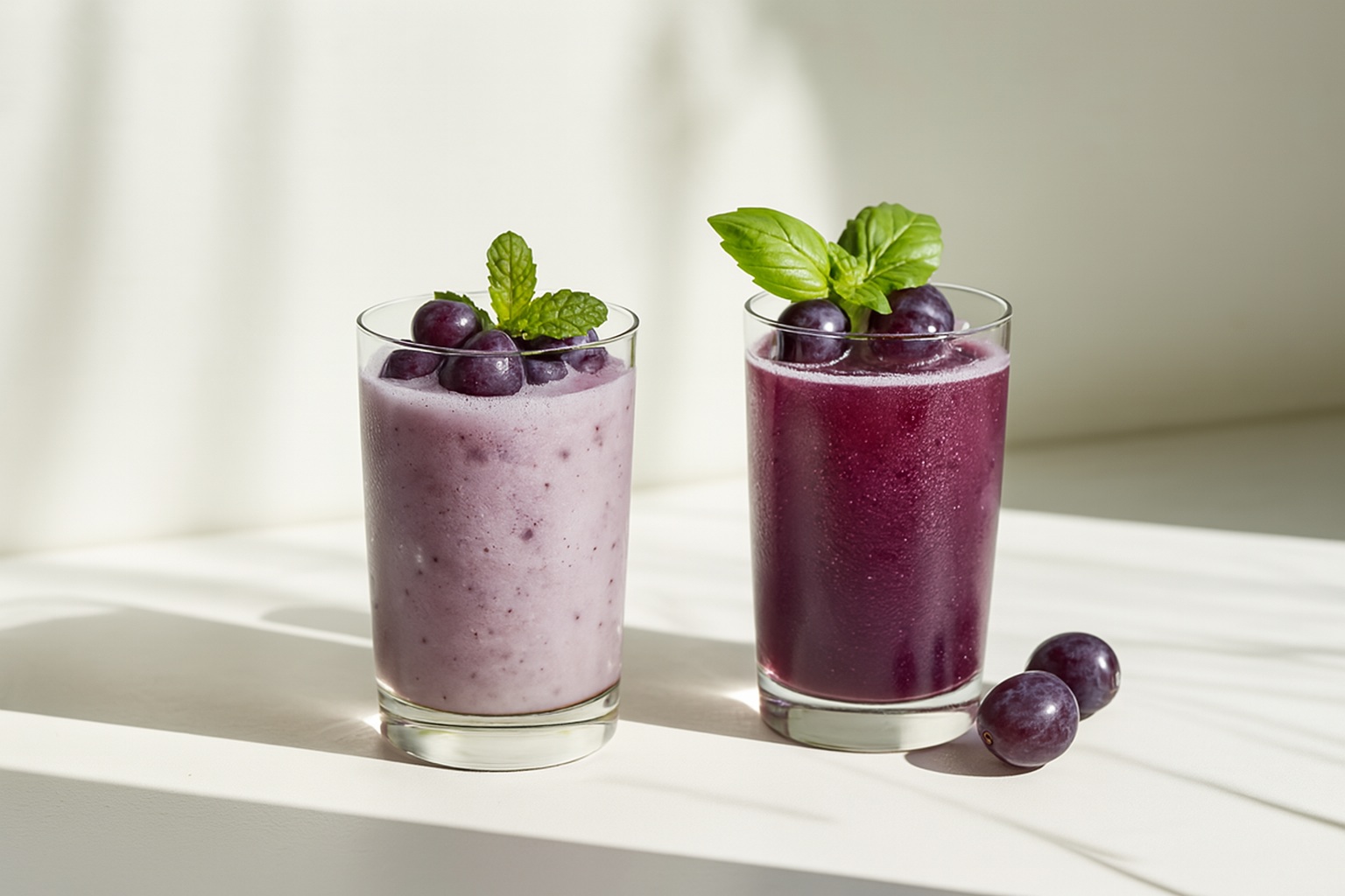 A high-resolution digital photograph showcases two iced beverages made with champagne grape syrup, served in clear glasses and garnished with fresh fruits, set against a soft sunlit background.