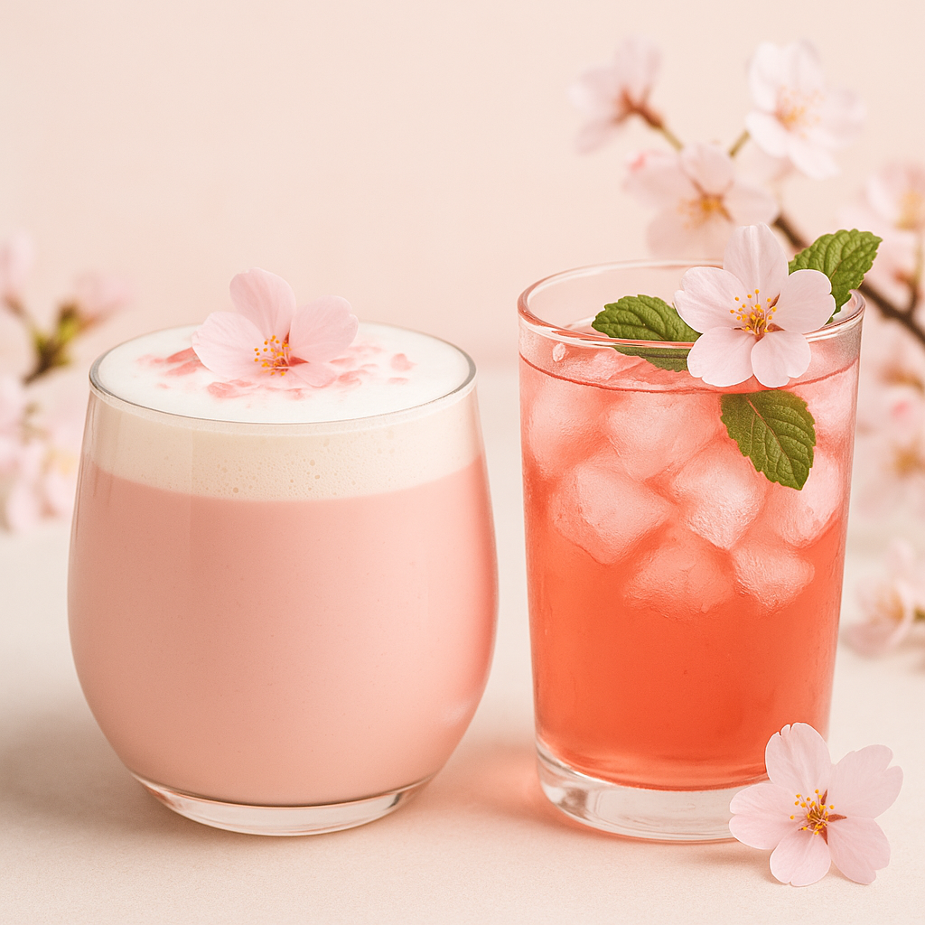 Two sakura-inspired drinks—one a creamy cherry blossom latte with foam and petals, the other an iced pink sakura tea garnished with mint and cherry blossoms—served in clear glasses on a bright background