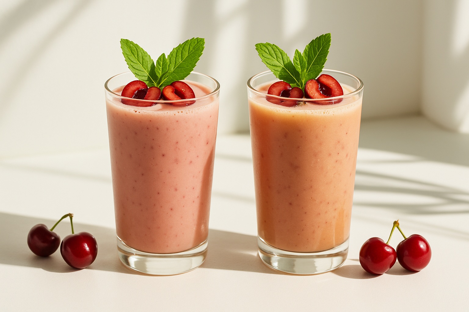 Deux boissons au thé au lait à la cerise dans des verres transparents avec glaçons et garniture de fruits, idéales pour les menus de cafés et de bubble tea.