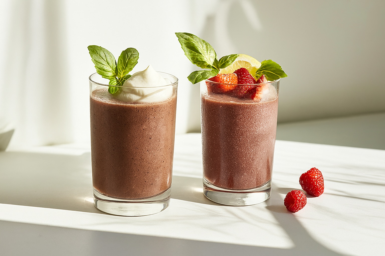 Two chocolate-based drinks in tall glasses, featuring creamy textures and layered colors, ideal for showcasing chocolate flavored powder in modern café or bubble tea menus.