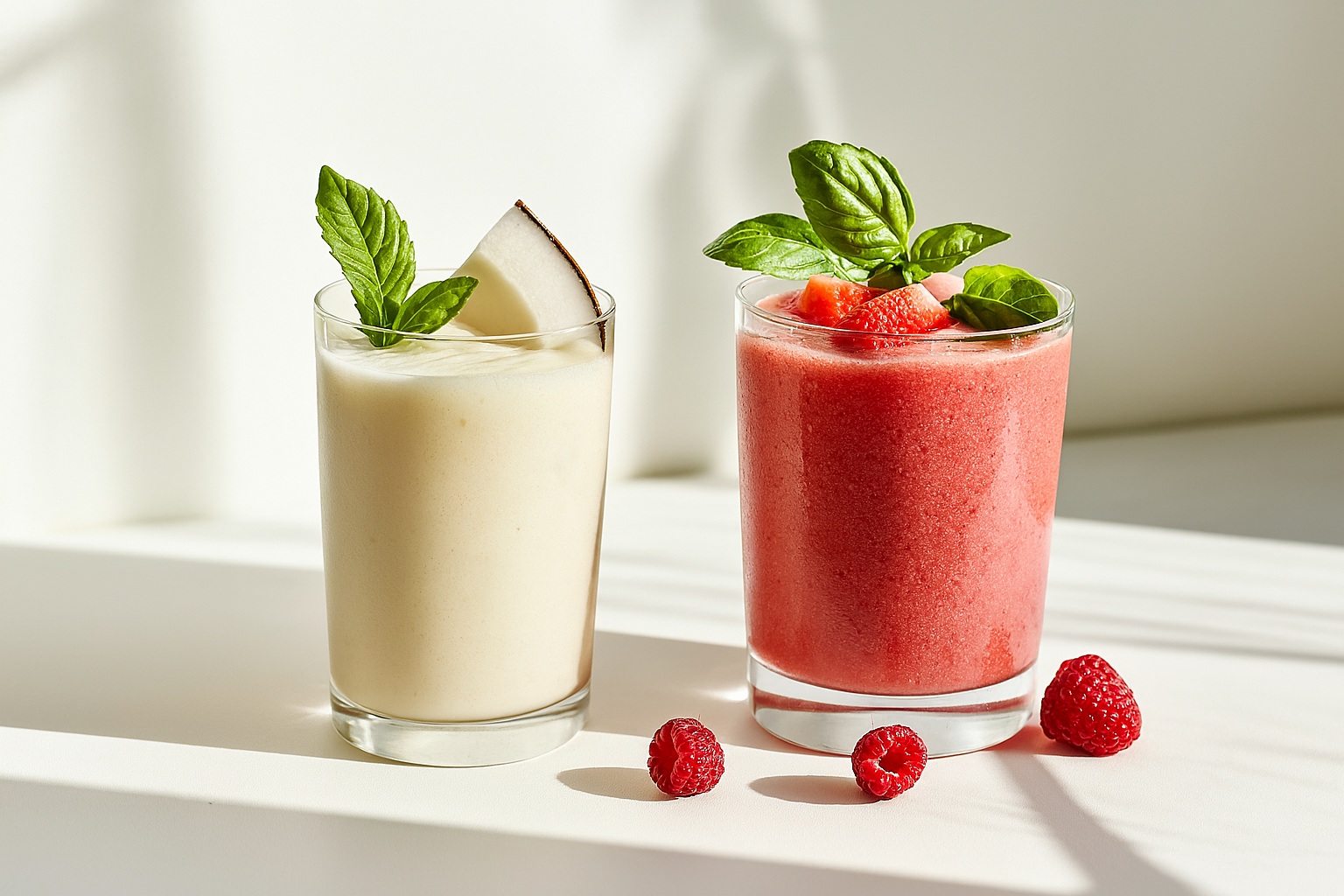 Two refreshing coconut powder beverages served in tall glasses with ice and fresh garnishes, ideal for bubble tea shops and tropical-themed menus.