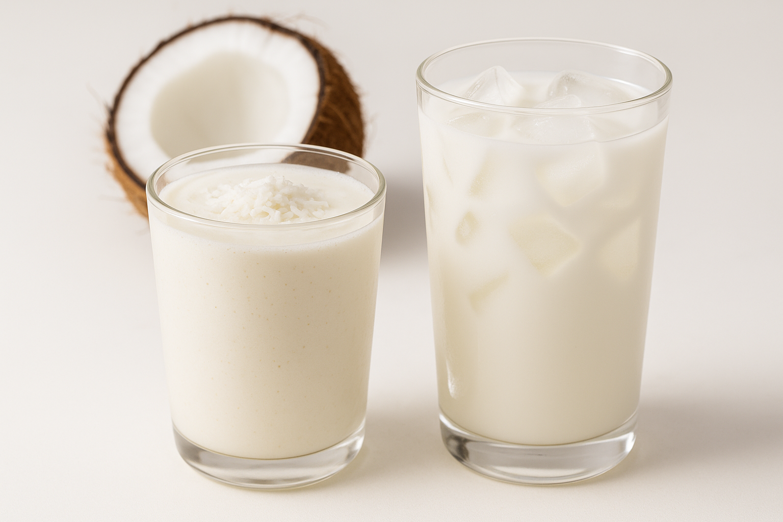 Two coconut-based drinks—one a creamy coconut smoothie with coconut flakes, the other a milky white iced coconut tea with ice cubes—served in clear glasses on a bright white background