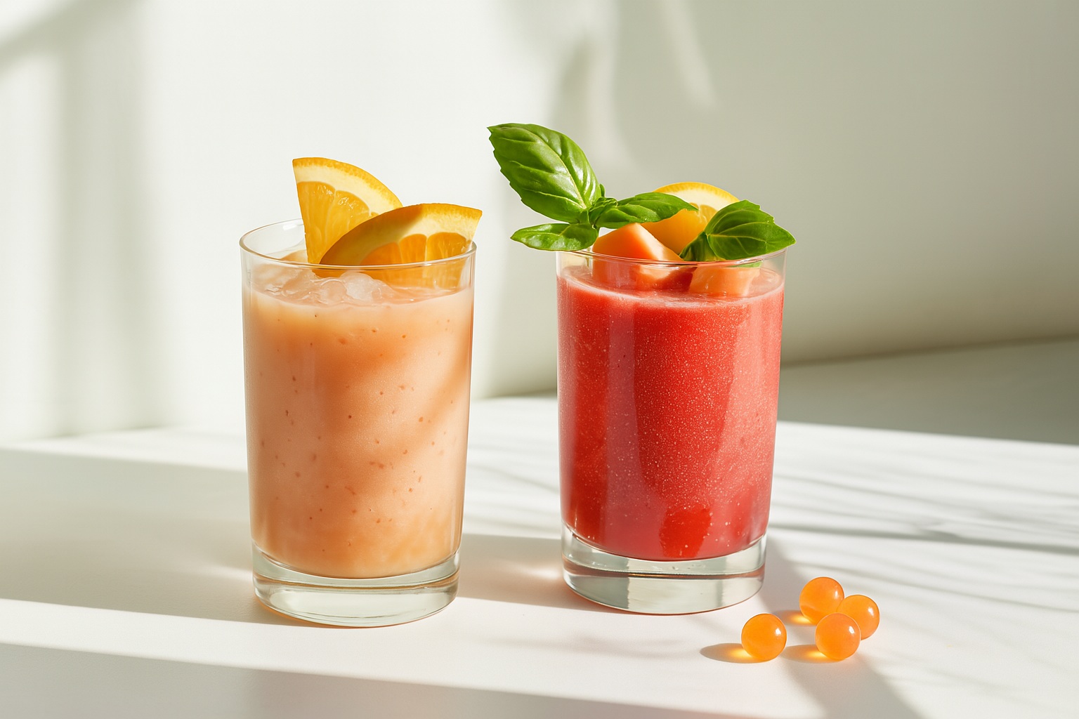Two cranberry popping boba drinks with orange slices and basil garnish on a sunlit white surface.