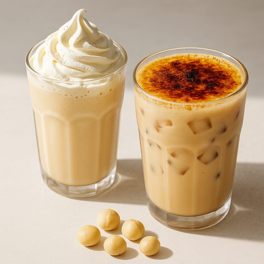 Two cream brûlée–inspired drinks in clear glasses—one a cream brûlée smoothie topped with whipped cream and vanilla, the other an iced cream brûlée milk tea with a caramelized sugar garnish—set on a white surface in natural sunlight.