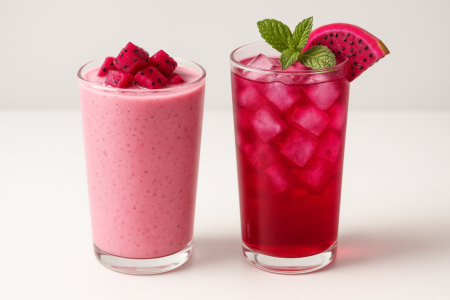 Two dragonfruit-based drinks—one a creamy pink smoothie with dragonfruit cubes, the other a bright magenta iced fruit tea garnished with dragonfruit slices and mint—served in clear glasses on a white background
