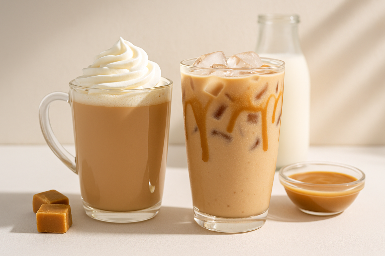 Two Dulce de Leche drinks in clear glasses—one a dulce de leche latte topped with whipped cream, the other an iced dulce de leche milk tea with caramel drizzle—set on a white surface with natural light and milk caramel nearby.
