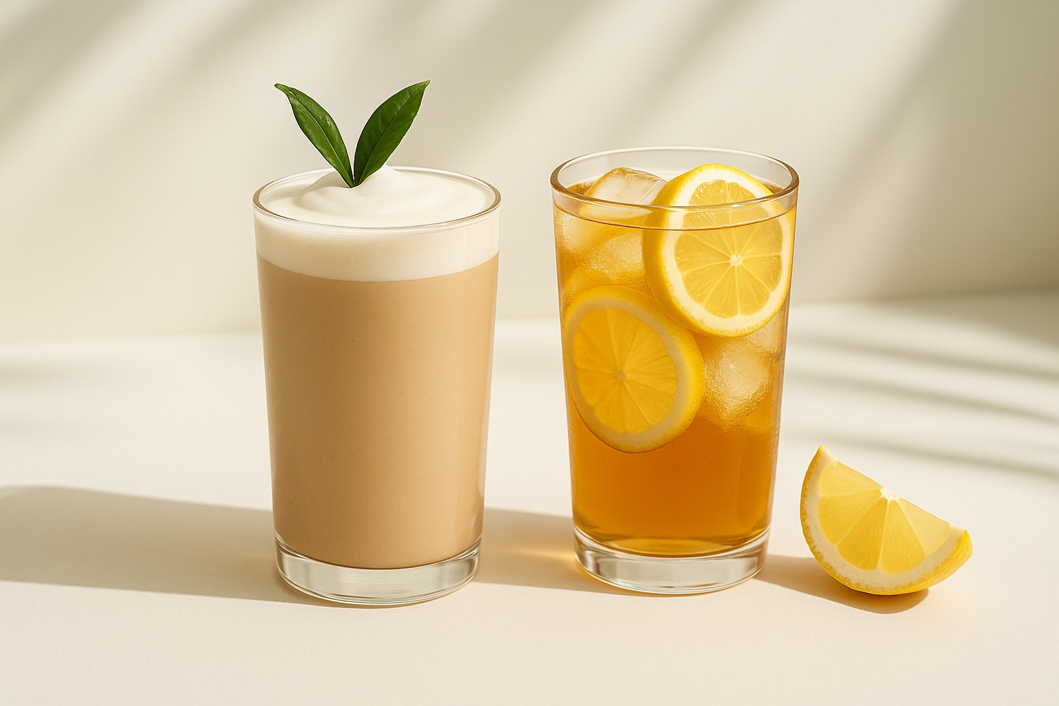 Two tall glasses of earl grey black tea beverages—one creamy milk tea with citrus twist, the other a vibrant iced citrus tea—garnished with lemon slices and fresh herbs, set against a soft neutral background.