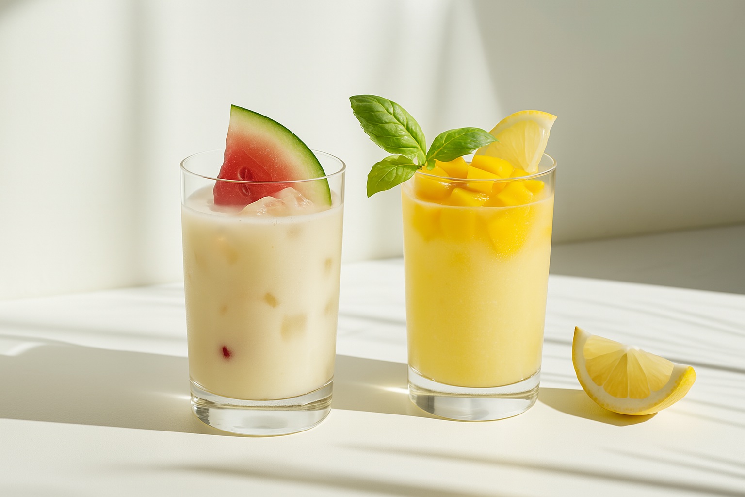 Two vibrant fruit-based beverages made with fructose syrup, served in clear glasses with fresh fruit garnishes on a bright white surface.