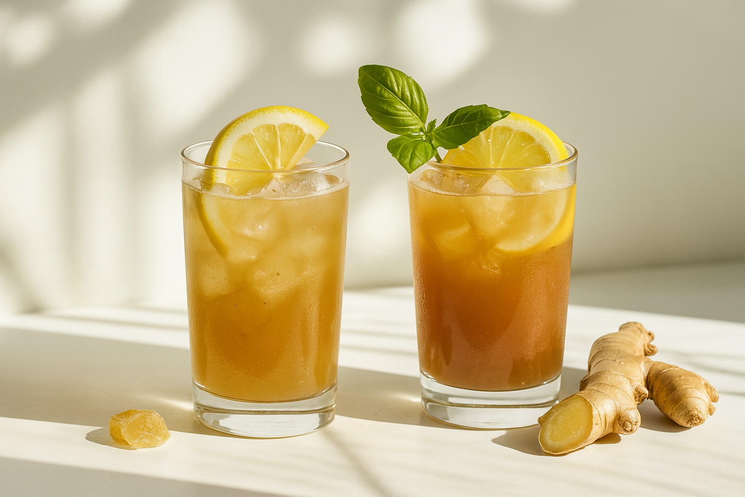 Two tall glasses of iced ginger drinks with lemon and mint, accompanied by fresh and candied ginger on a sunlit white surface.