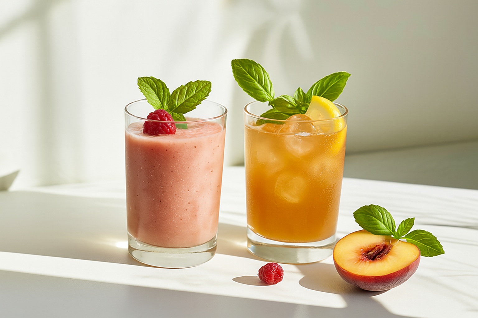 Two drinks made with golden cane sugar syrup—one raspberry smoothie and one lemon iced tea—garnished with mint and fruit, served in clear glasses on a white surface under natural light.