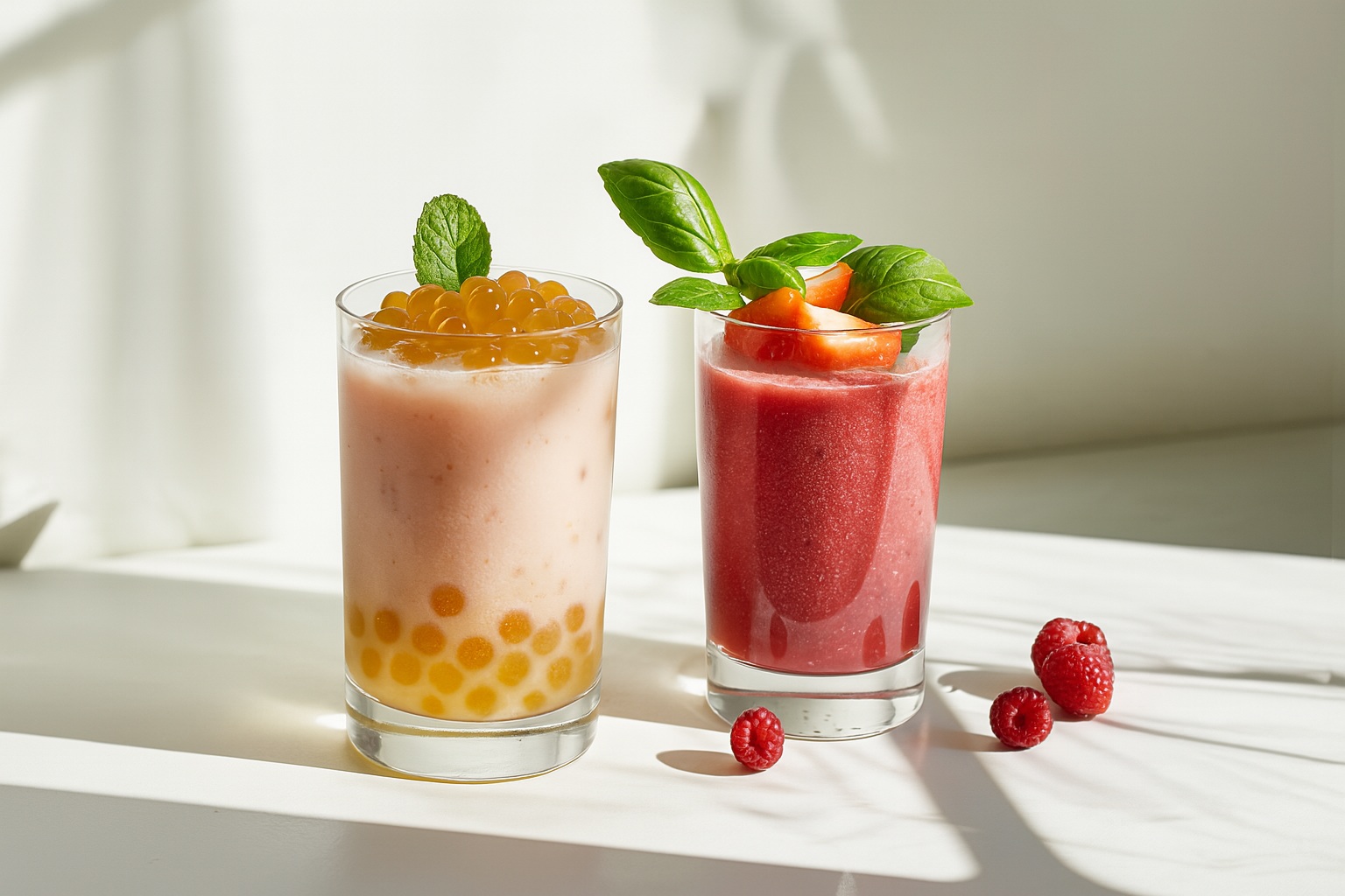 Two tall glasses of fruity drinks featuring golden tapioca boba, served with fresh garnishes like mint and peach, placed on a sunlit white surface.