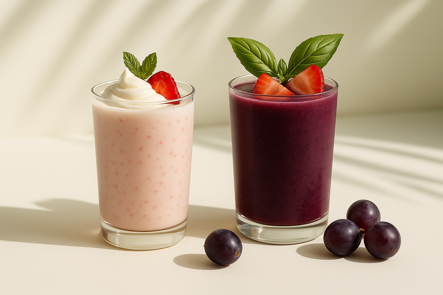 Two tall glasses of grape jelly smoothies, one light purple with whipped topping and mint, the other deep violet with fresh grapes and mint garnish, placed on a sunlit white surface.