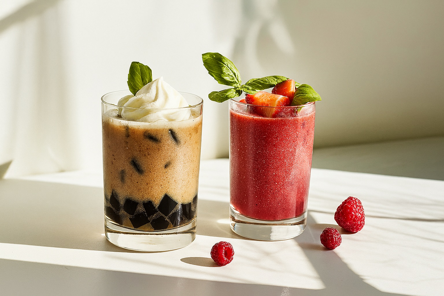 Two beverages on a sunlit white surface: one iced milk tea with grass jelly cubes and whipped cream, and one red fruit smoothie topped with fresh strawberries and basil leaves.