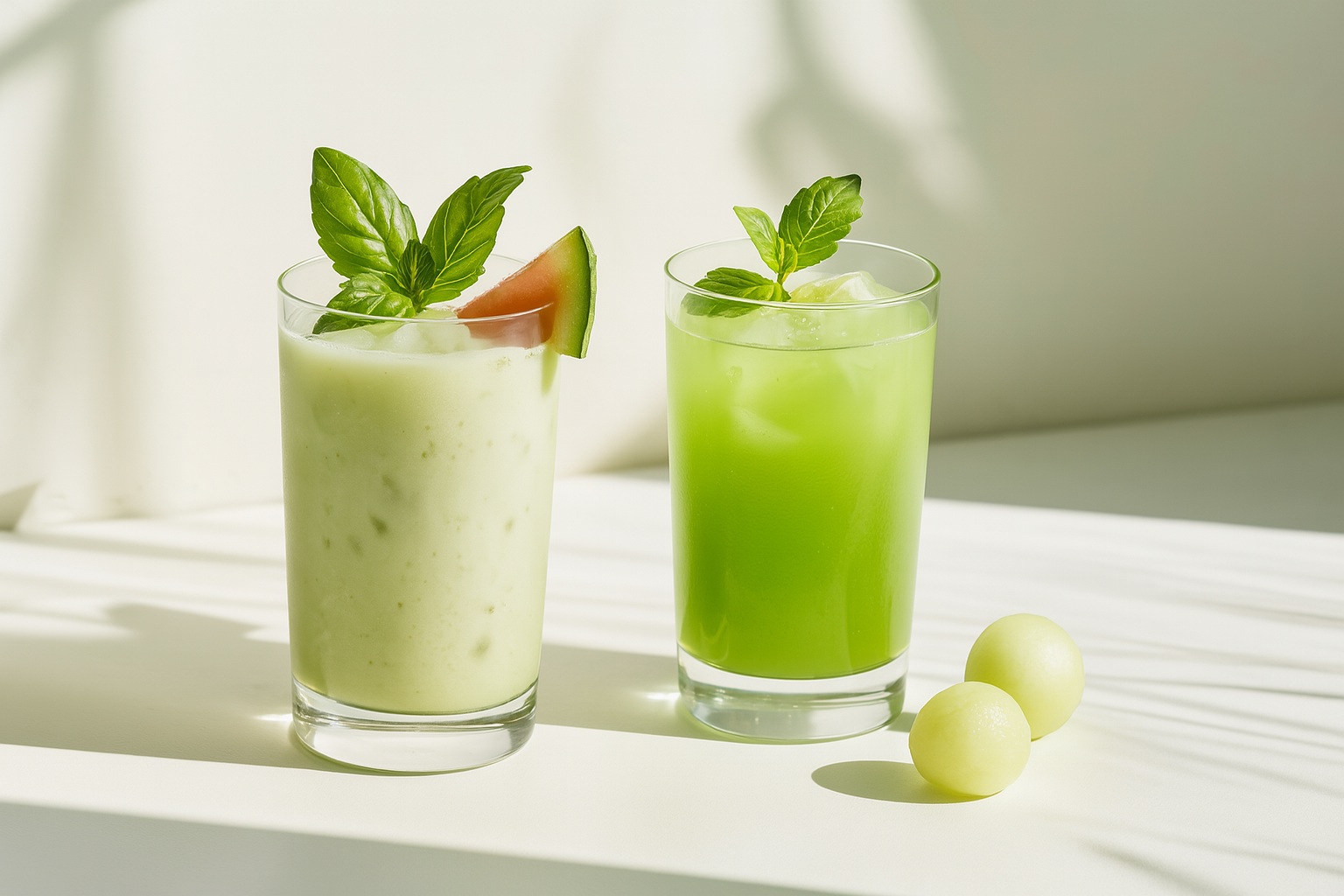 Two refreshing honeydew-flavored smoothies in clear glasses, garnished with fresh melon and mint leaves, displayed in natural sunlight.