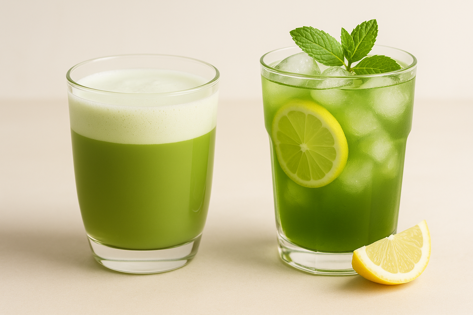 Two beverages made with green tea syrup—one creamy green tea latte with foam and another iced green tea drink garnished with lemon slices and mint—served in clear glasses on a light background