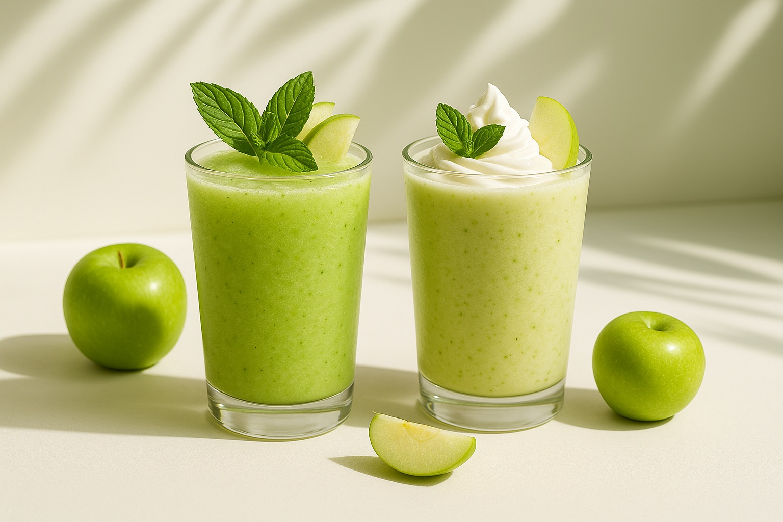 Two refreshing green apple jam drinks in clear glasses, one topped with mint and green apple slices, the other with whipped cream and fruit garnish, styled in natural daylight on a cream-colored surface.