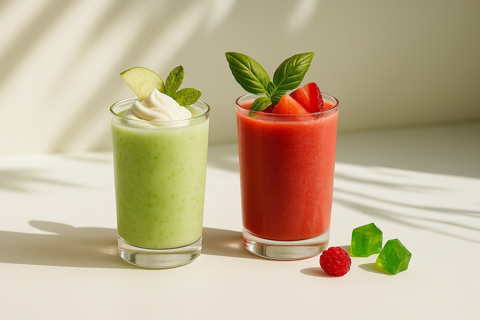Two refreshing beverages made with green apple jelly, served in clear glasses with apple slices and mint, styled under soft natural light.