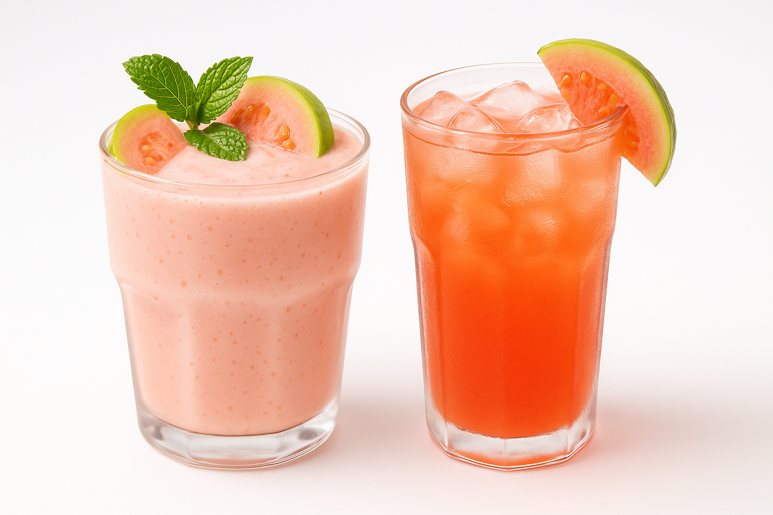 Two guava-based drinks—one a light pink guava smoothie with slices of guava and mint, the other a coral-colored iced guava tea in a clear glass—served on a clean white background