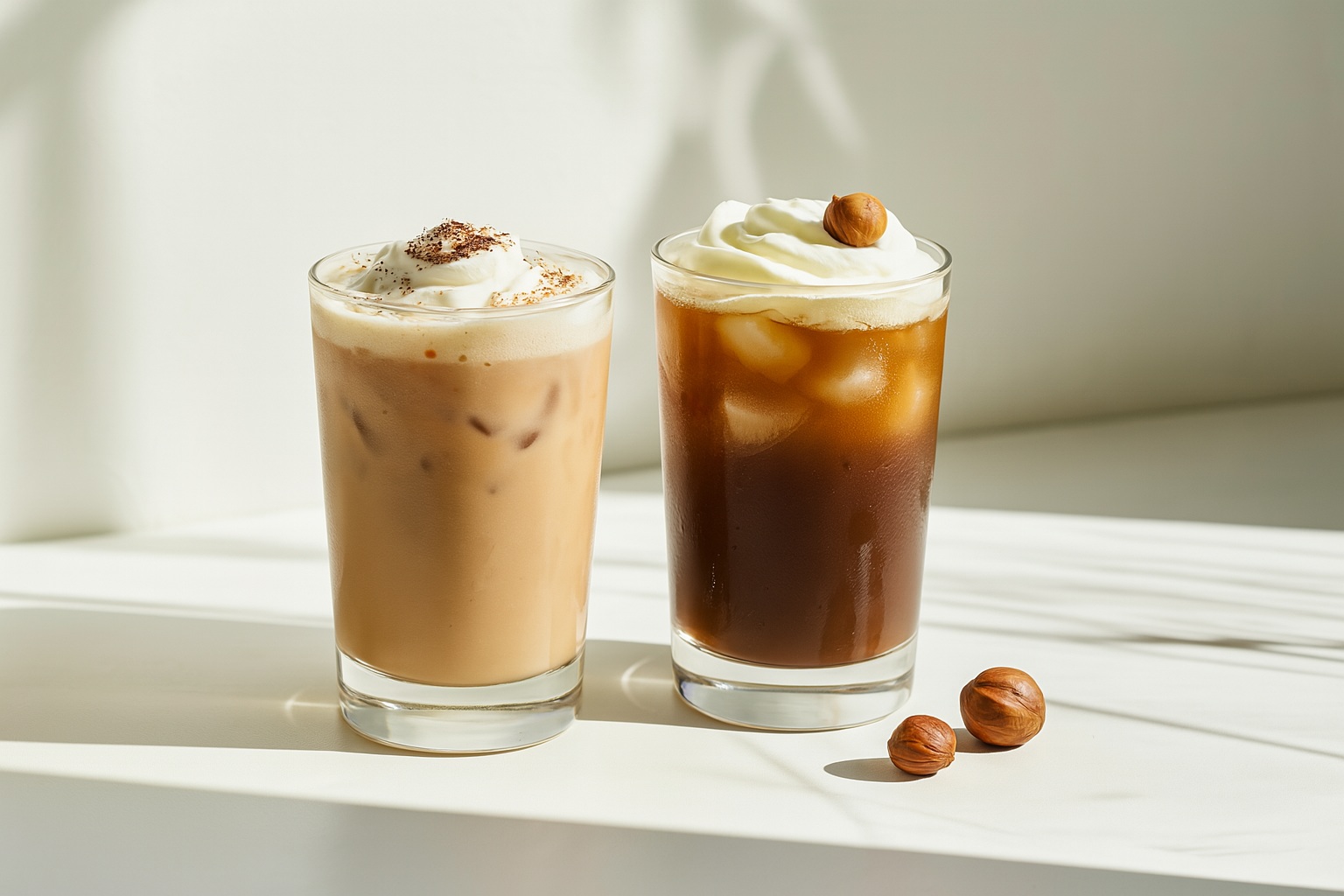 Two iced beverages made with hazelnut syrup, one with milk tea and tapioca pearls, the other with coffee and whipped cream, styled on a sunlit surface with shadows for a cozy café feel.