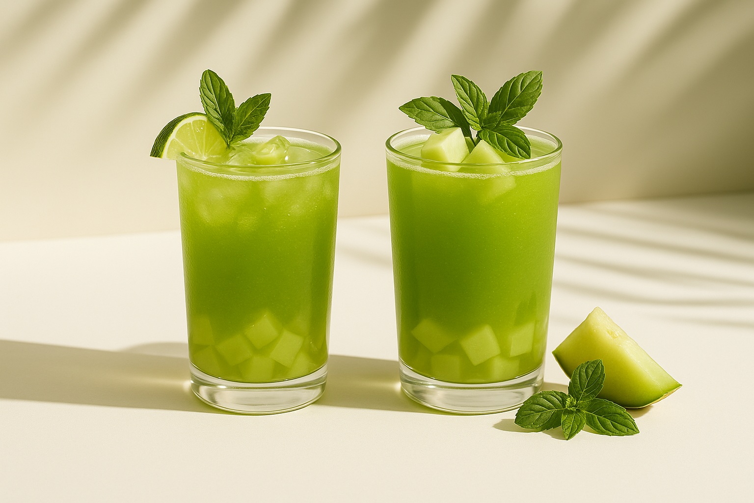 Refreshing honeydew jelly beverages served over ice with citrus slices and fresh mint, styled in tall glasses under soft daylight.