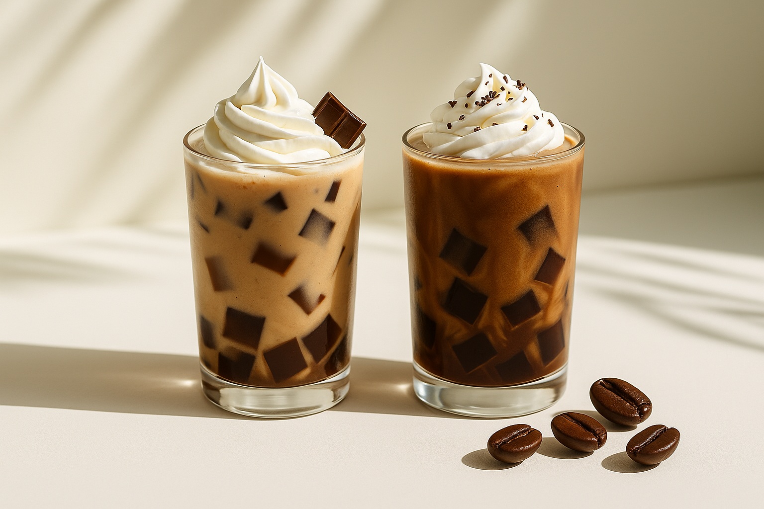 Chilled coffee-based drinks featuring coffee jelly and milk, served in transparent glasses with whipped cream and chocolate garnish under soft daylight.