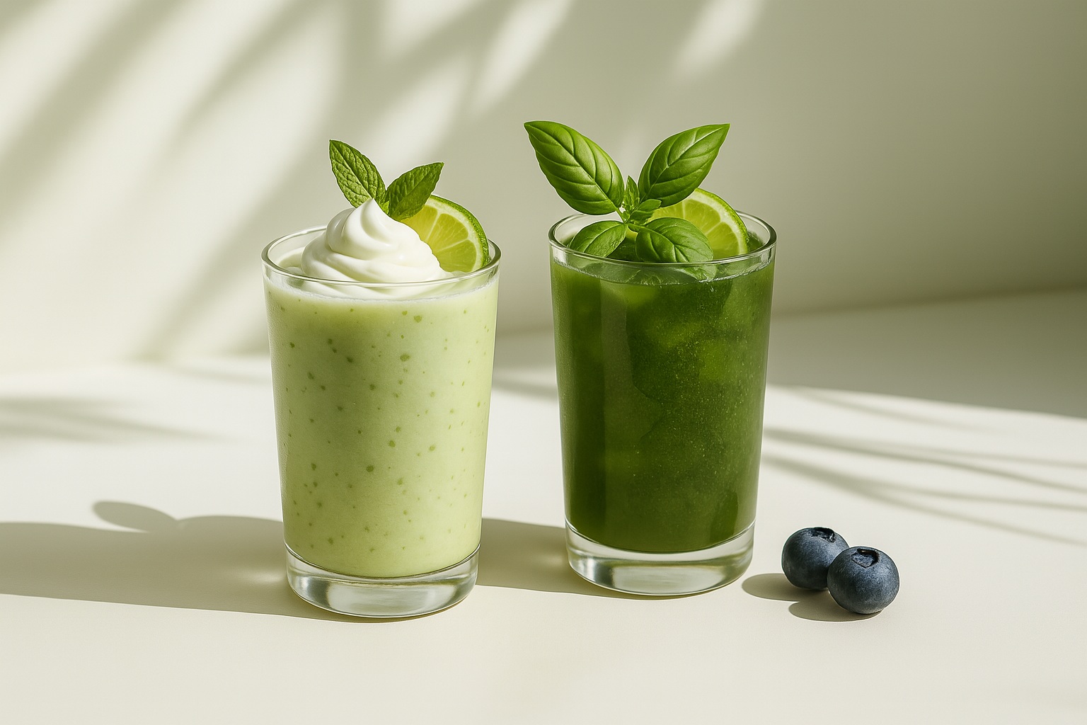 Two refreshing jasmine green tea beverages in tall clear glasses, one topped with creamy foam and mint, the other garnished with lime and basil, styled under soft natural light on a white surface.
