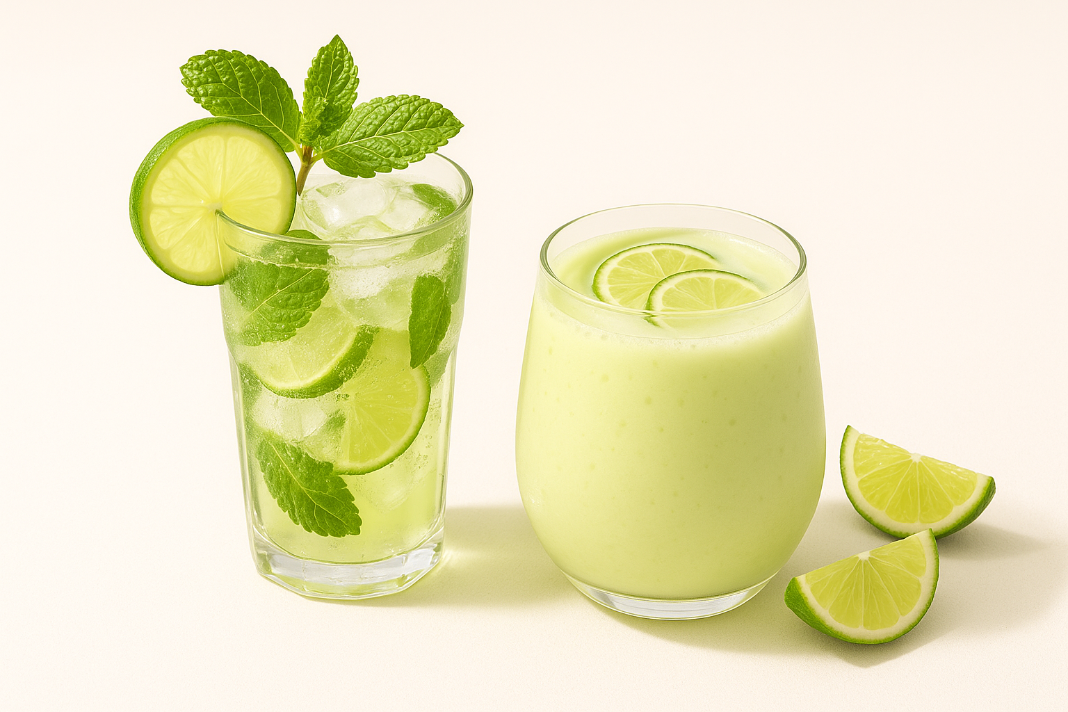 Two mojito-based drinks—one a sparkling lime mojito with mint and ice cubes, the other a creamy mojito-style mocktail with lime slices—served in clear glasses on a bright white background