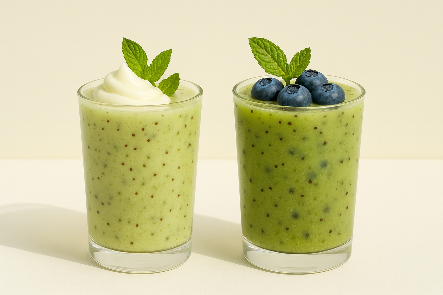 A digital photograph showcases two kiwi-based beverages in clear glasses. The left drink is a creamy kiwi smoothie topped with yogurt and mint, while the right is a vibrant kiwi-blueberry blend garnished with fresh blueberries and mint leaves, set against a light beige background.