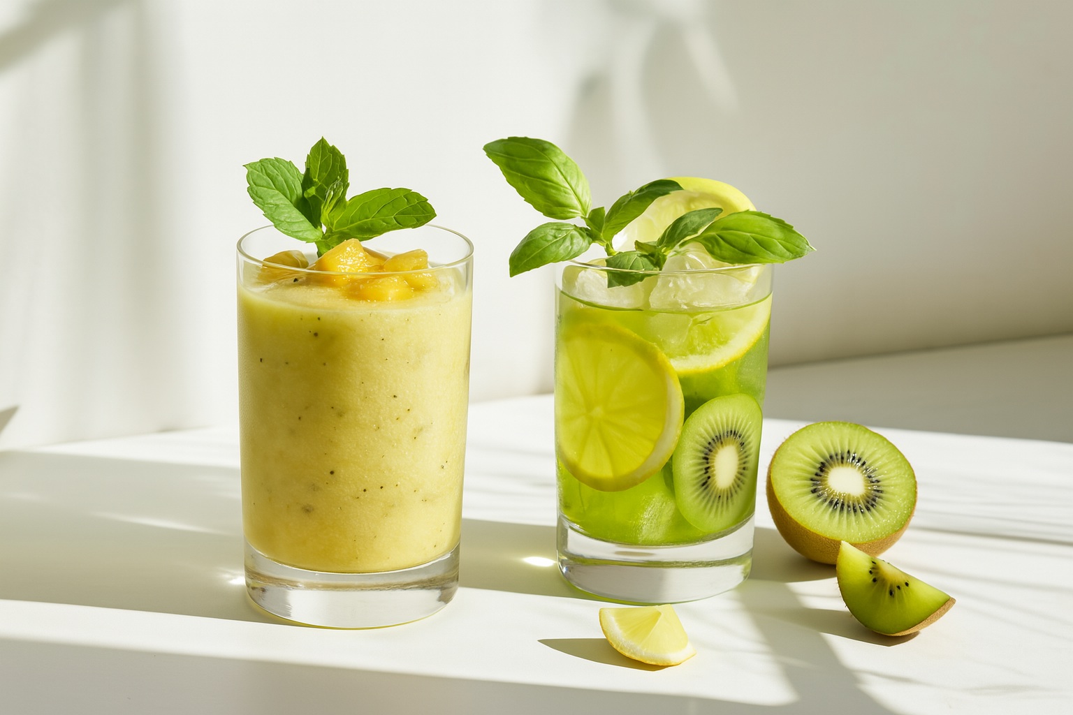 Two refreshing kiwi-based beverages in clear glasses—one a vibrant green smoothie garnished with kiwi slices and mint, the other a chilled kiwi tea with lemon and ice—styled in natural light on a clean white surface.