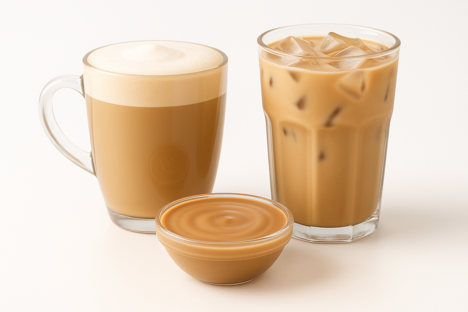 Two latte-flavored drinks—one a creamy latte topped with milk foam, the other an iced latte milk tea—served in clear glasses on a bright white background.