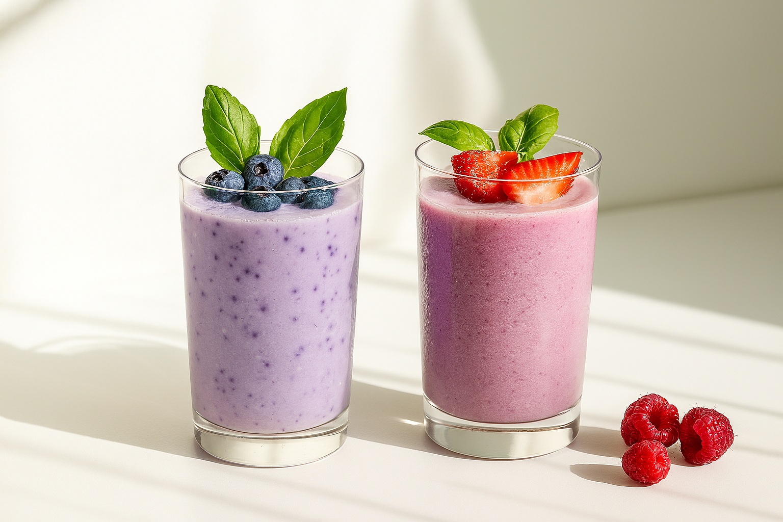 Two lavender-flavored smoothies in clear glasses, garnished with fresh blueberries, strawberries, and basil leaves, on a sunlit white surface.