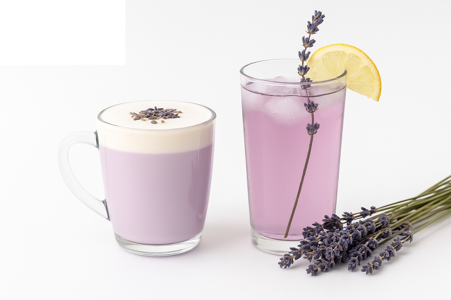 Two lavender-themed drinks—one a creamy lavender latte topped with foam, the other an iced lavender tea with lemon and sprigs of lavender—served in clear glasses on a white background