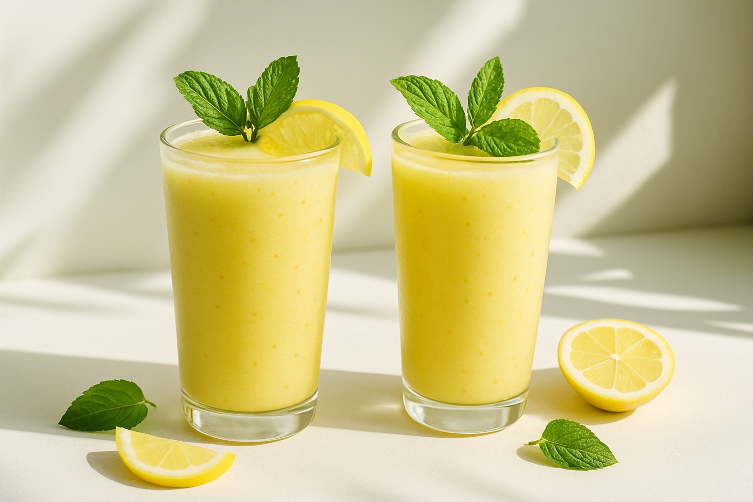 Dos bebidas altas y refrescantes a base de limón en vasos transparentes, decoradas con rodajas de limón y menta, inspiradas en la estética de las bebidas bubble tea.