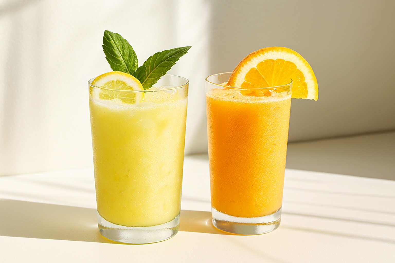 Two refreshing lemon smoothie powder drinks served in clear glasses, garnished with citrus slices and mint leaves, under natural sunlight.