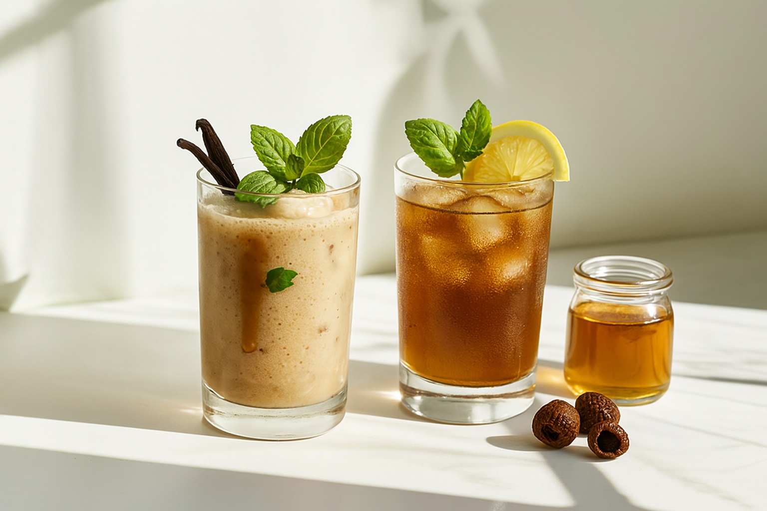 Two longan honey drinks in clear glasses—one a creamy smoothie topped with mint and vanilla, the other an iced tea garnished with lemon and mint—accompanied by a honey jar and dried longan shells on a white surface under natural sunlight.