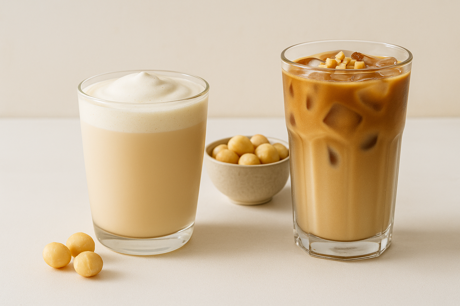 Two macadamia-flavored drinks in clear glasses—one a macadamia milk tea topped with cream foam, the other an iced macadamia latte with nuts garnish—set on a white surface with macadamia nuts nearby in natural light.