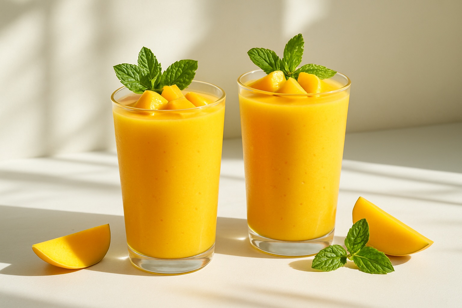 Two mango-flavored smoothies in clear glasses garnished with mango chunks and mint leaves, placed on a white surface under natural sunlight