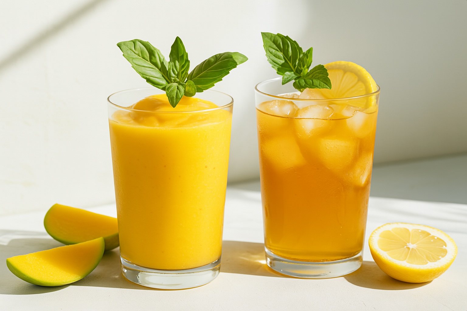 Two mango-based beverages in clear glasses—one a creamy golden smoothie topped with diced mango and mint, the other a bright mango iced tea with lemon slices and ice—set on a sunlit white surface with fresh mango cubes nearby.