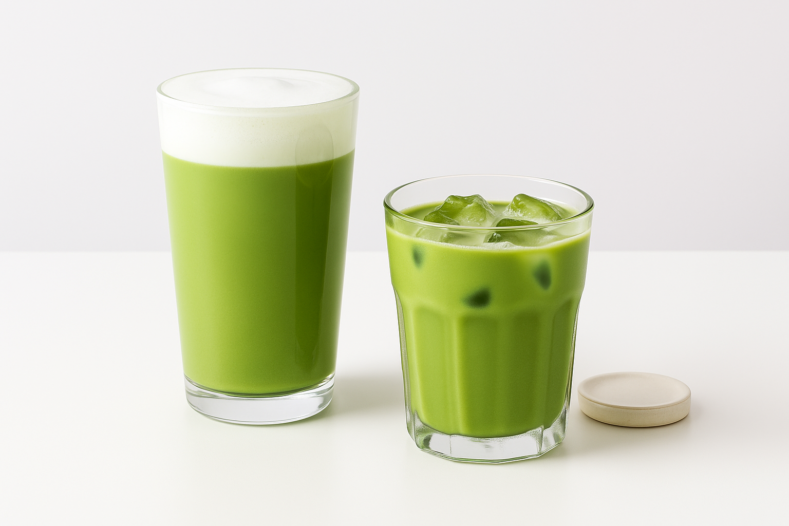 Two matcha-based drinks—one a creamy matcha latte topped with milk foam, the other an iced matcha milk tea—served in clear glasses on a bright white background.
