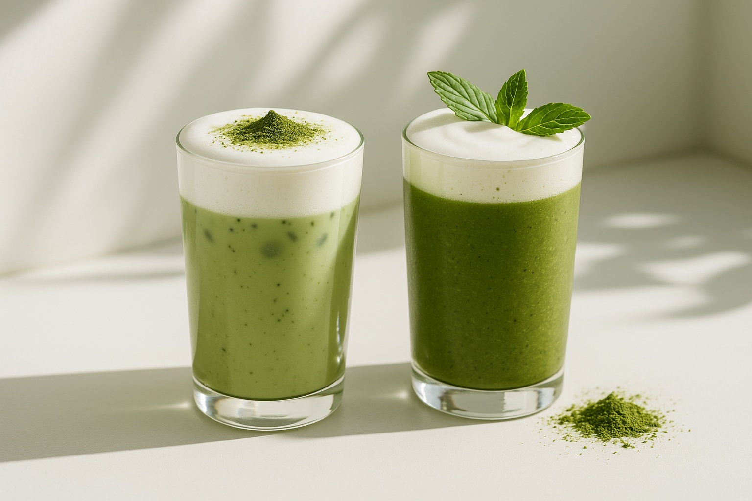Iced matcha drinks served in clear tumblers with creative toppings, styled in natural sunlight for a fresh and modern café look