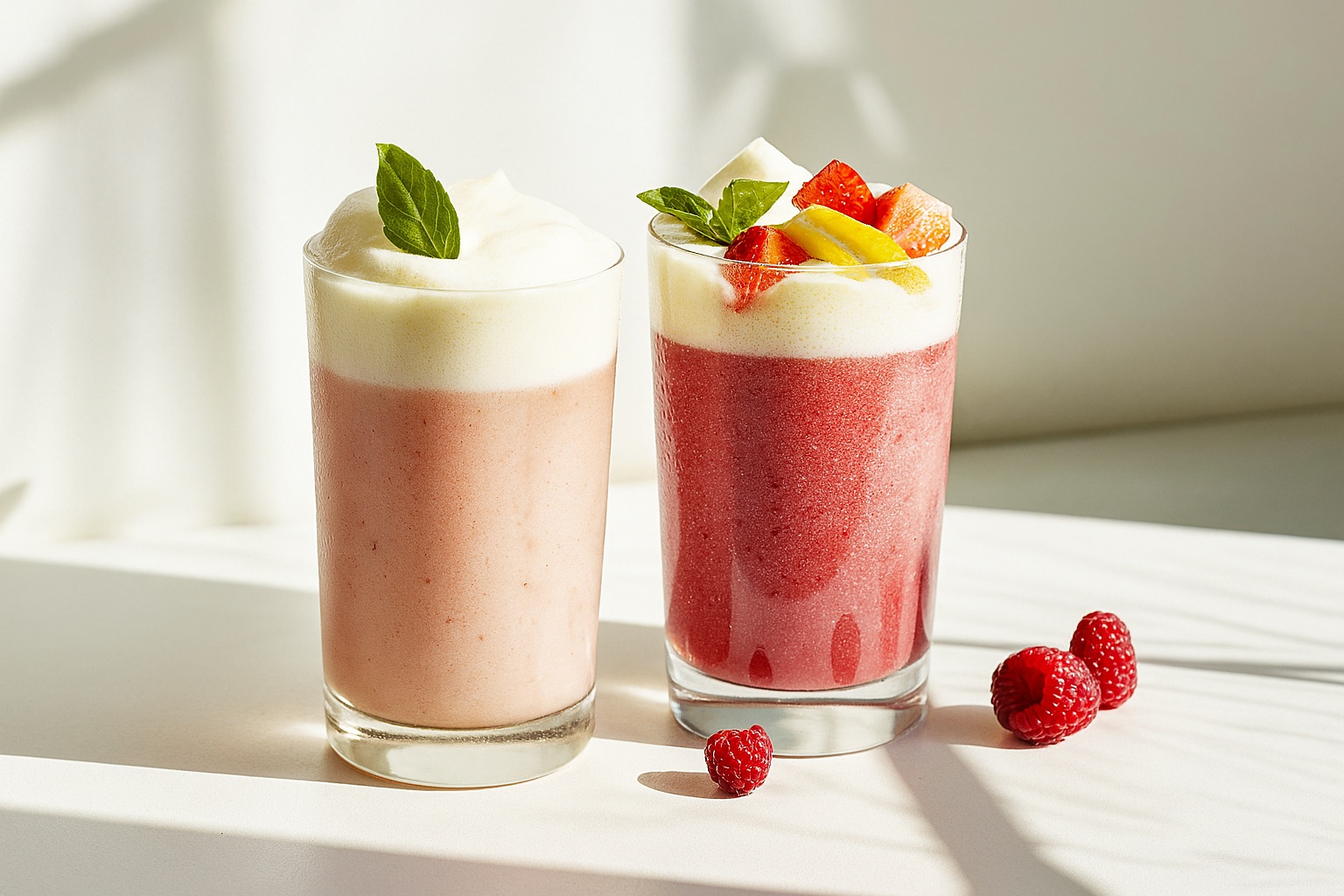 Two refreshing fruit beverages topped with milk foam, served in clear glasses with fresh fruit and mint garnish, showcasing applications of milk foam powder.