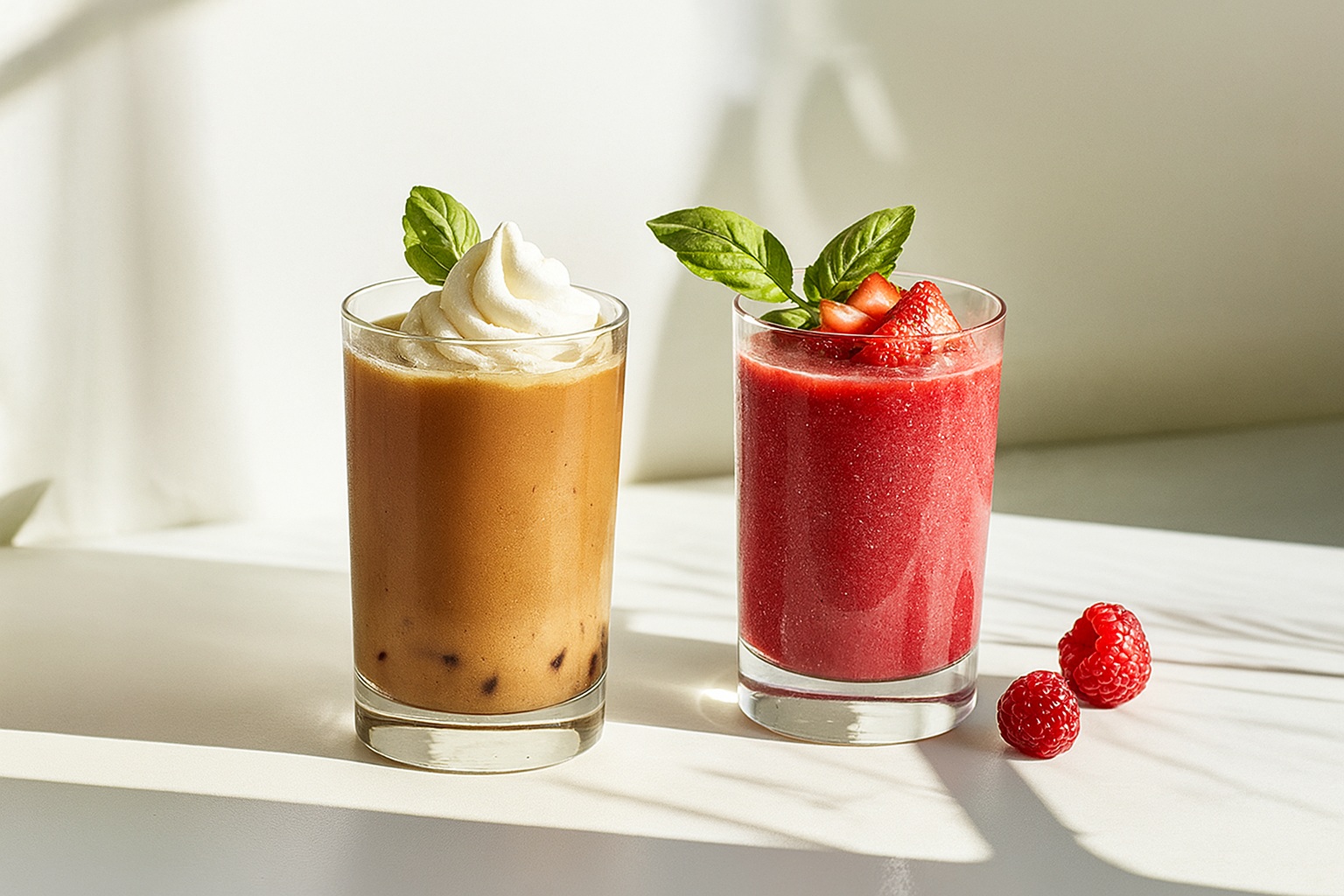 Dos bebidas sobre una superficie blanca iluminada por el sol: un té con leche cremoso con crema batida y albahaca, y un batido de bayas rojas decorado con fresas y hojas de albahaca, con frambuesas frescas cerca.